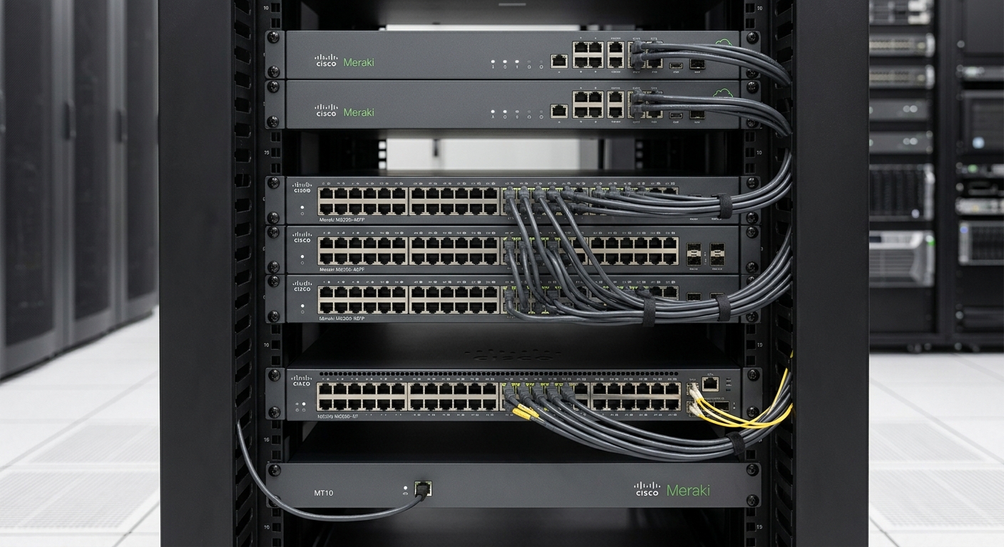 Illustration of a Cisco Meraki network rack with organized Ethernet connections